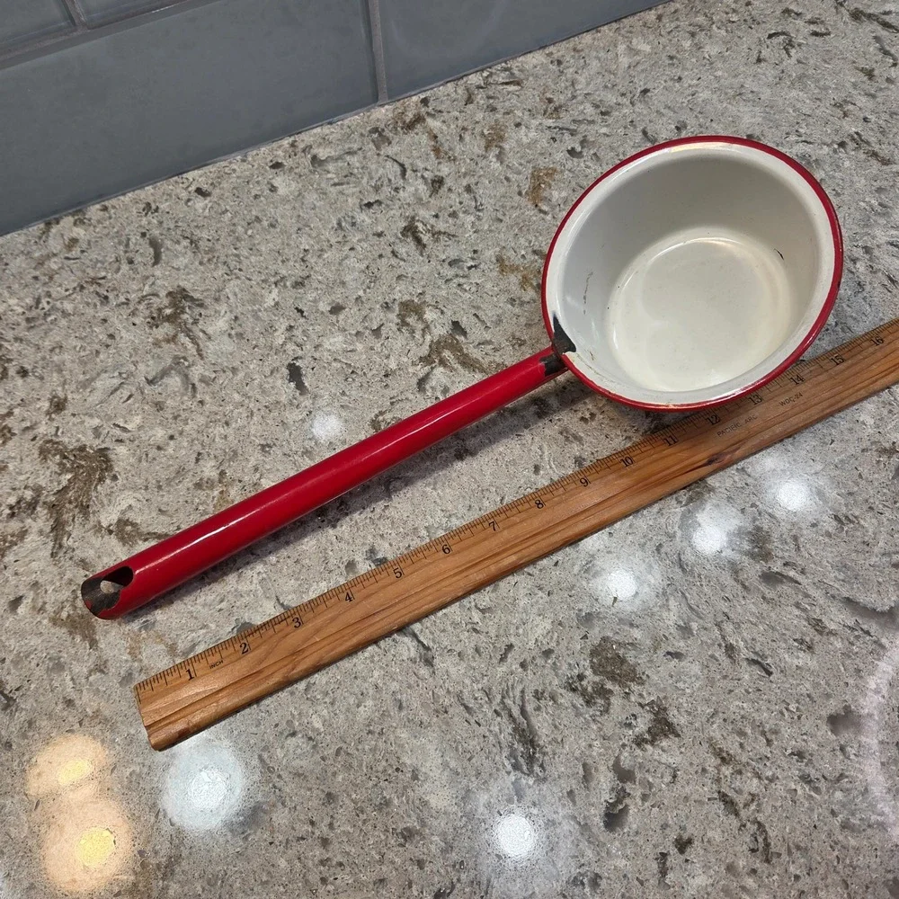 Vintage Enamelware Water Dipper Ladle White Red Rim Farmhouse Primitive 13.5